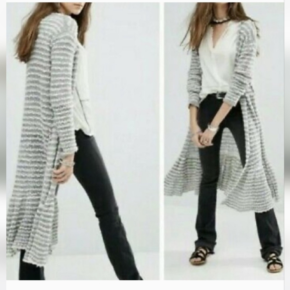 Free People Smile Like You Stripe Lightweight Maxi Duster Cardigan in Grey M